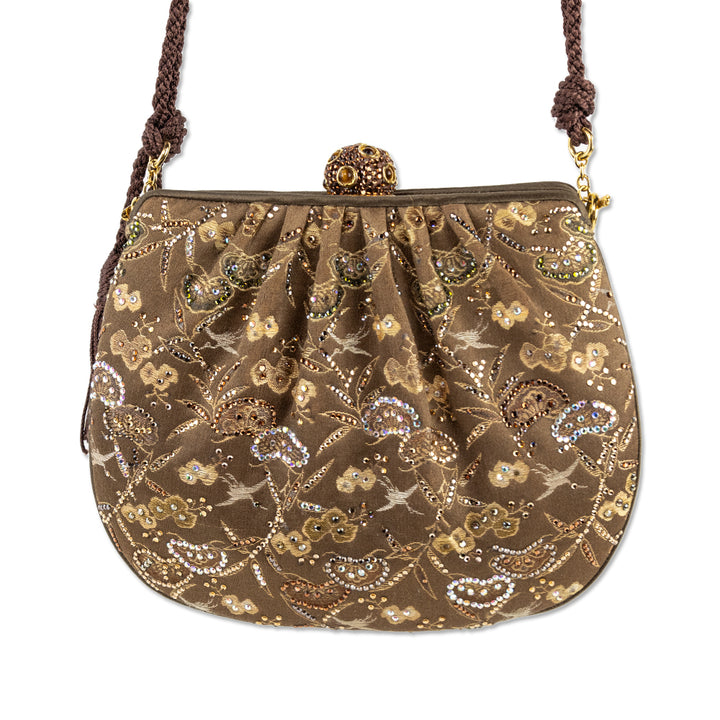 Judith Leiber Tan Satin Floral Crystal Frame Bag