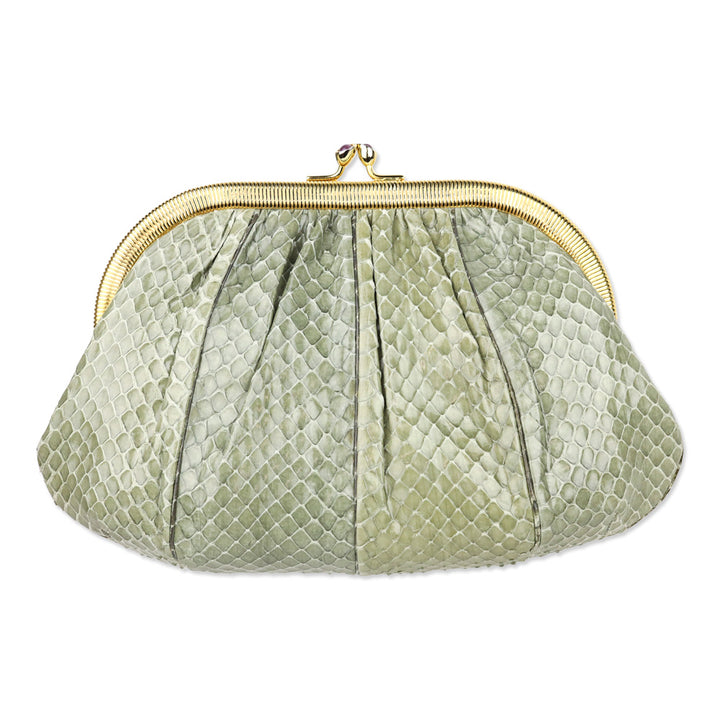 Judith Leiber Moss Snakeskin Kiss-Lock Clutch with Chain