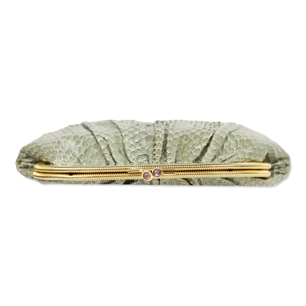 Judith Leiber Moss Snakeskin Kiss-Lock Clutch with Chain