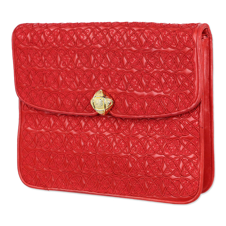 Judith Leiber Red Crosshatch Embroidered Leather Square Clutch