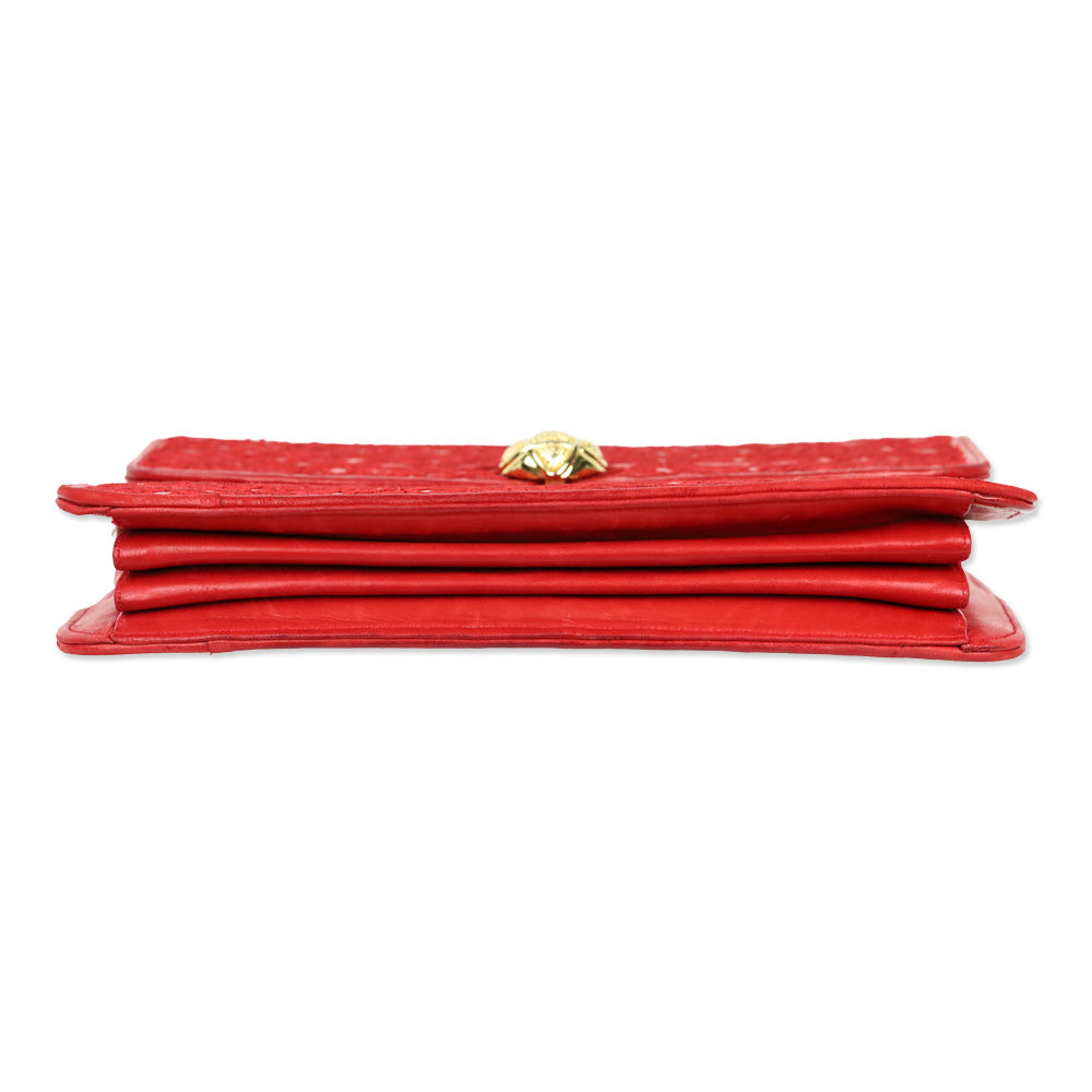 Judith Leiber Red Crosshatch Embroidered Leather Square Clutch
