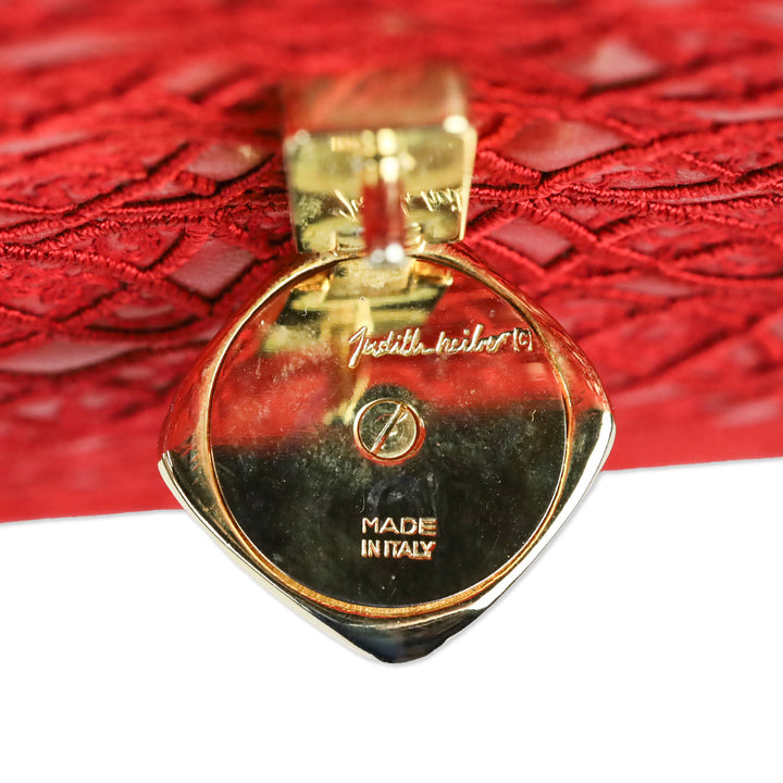 Judith Leiber Red Crosshatch Embroidered Leather Square Clutch