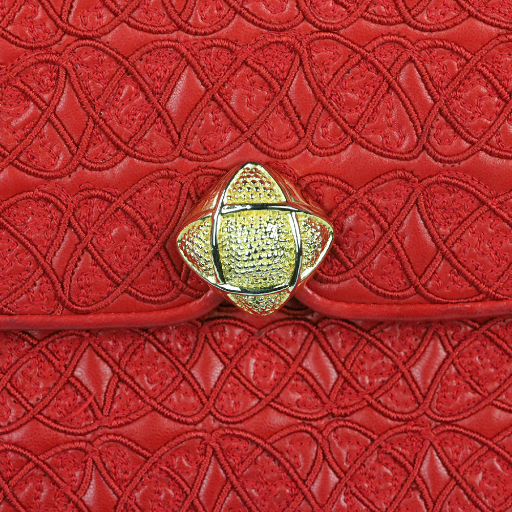 Judith Leiber Red Crosshatch Embroidered Leather Square Clutch