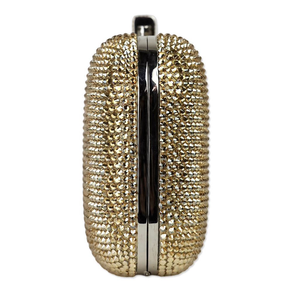 Judith Leiber Slide Champagne Full Bead Frame Clutch with Chain Strap