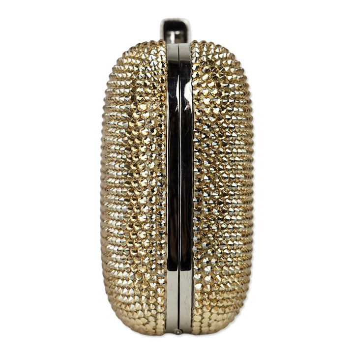 Judith Leiber Slide Champagne Full Bead Frame Clutch with Chain Strap