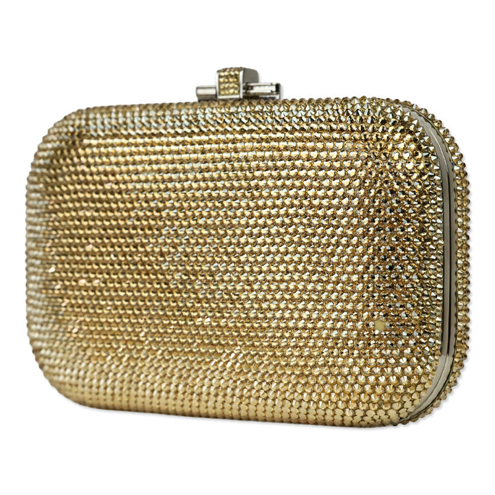 Judith Leiber Slide Champagne Full Bead Frame Clutch with Chain Strap