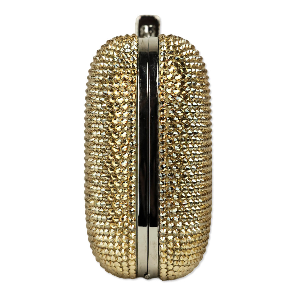 Judith Leiber Slide Champagne Full Bead Frame Clutch with Chain Strap