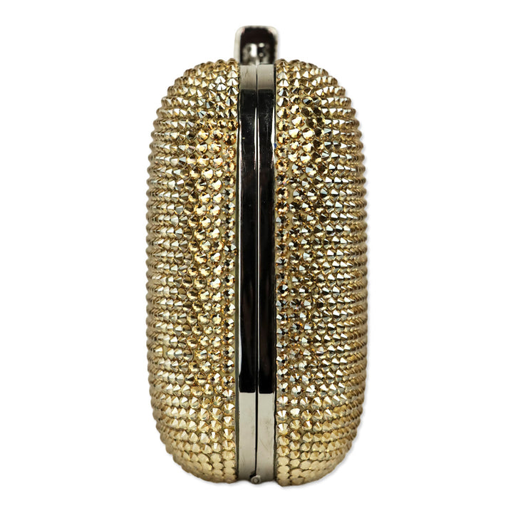 Judith Leiber Slide Champagne Full Bead Frame Clutch with Chain Strap