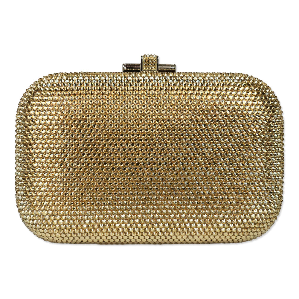 Judith Leiber Slide Champagne Full Bead Frame Clutch with Chain Strap
