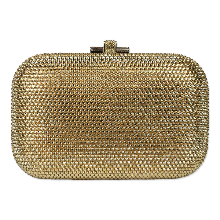 Judith Leiber Slide Champagne Full Bead Frame Clutch with Chain Strap