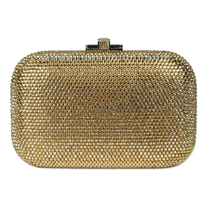 Judith Leiber Slide Champagne Full Bead Frame Clutch with Chain Strap