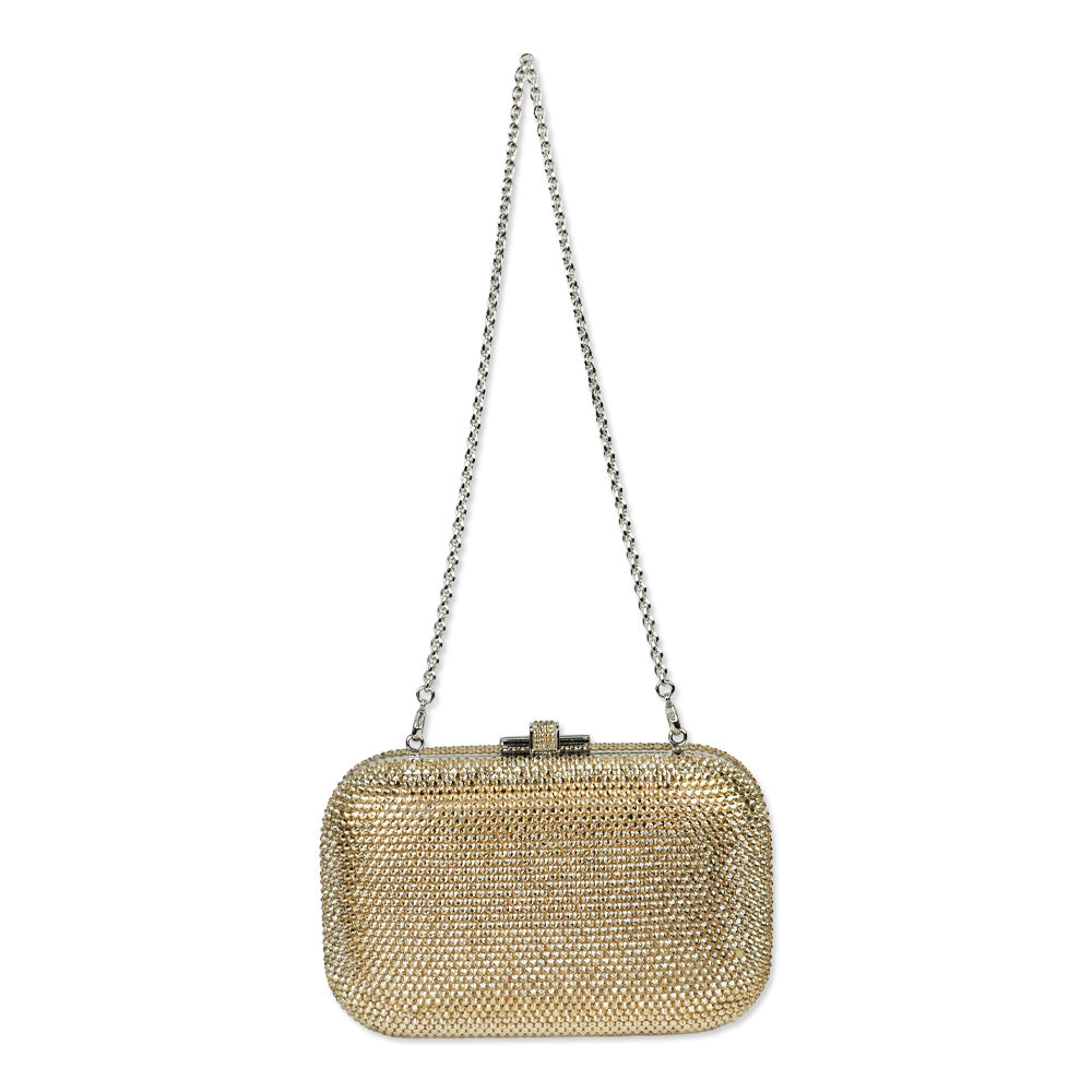 Judith Leiber Slide Champagne Full Bead Frame Clutch with Chain Strap