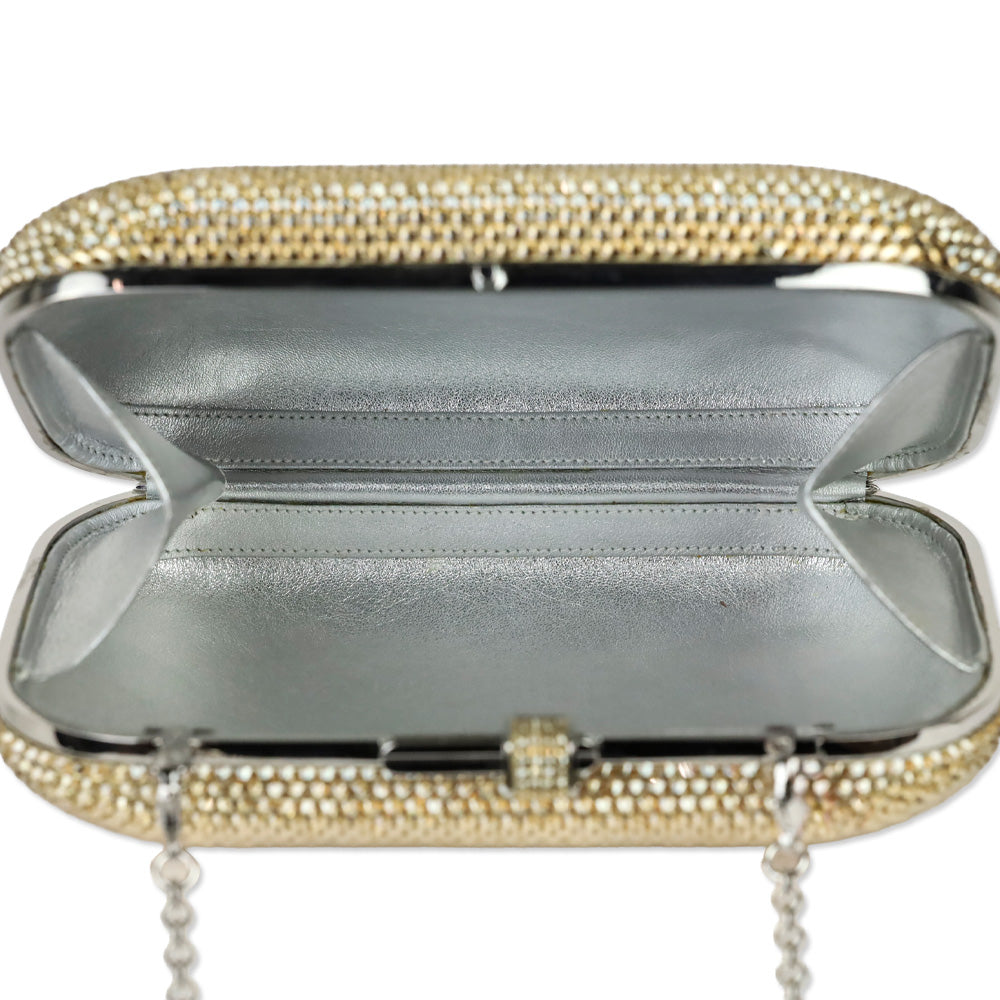 Judith Leiber Slide Champagne Full Bead Frame Clutch with Chain Strap