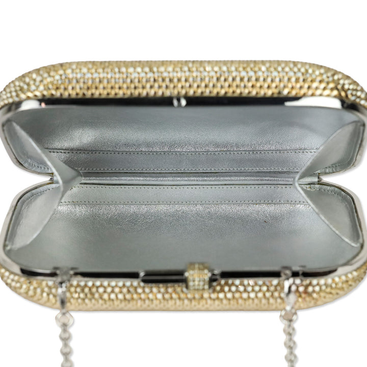 Judith Leiber Slide Champagne Full Bead Frame Clutch with Chain Strap