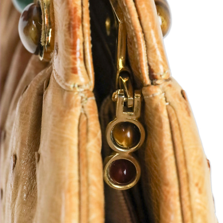Judith Leiber Tan Ostrich Leather Stone Trim Frame Clutch