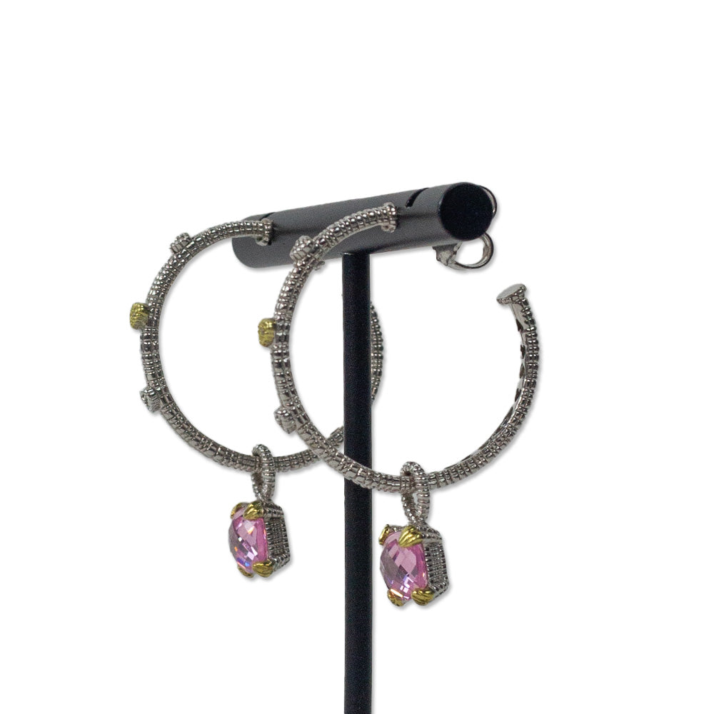 Judith Ripka 925 Silver/18K Gold Rose Quartz Charm Hoop Earrings