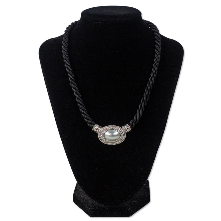 Judith Ripka Sterling Silver Pearl/CZ Oval Pendant Black Silk Rope Necklace