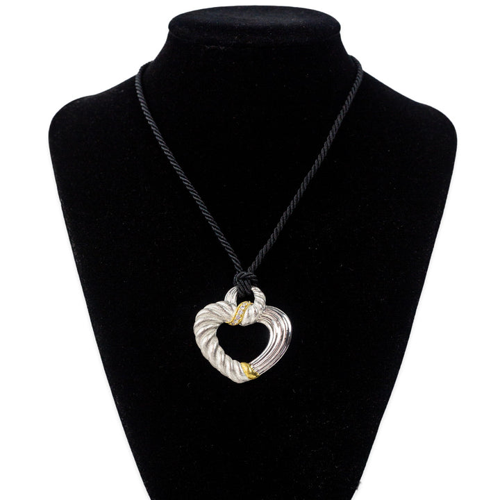 Judith Ripka Sterling Silver Two-Tone CZ Heart Pendant Silk Cord Necklace