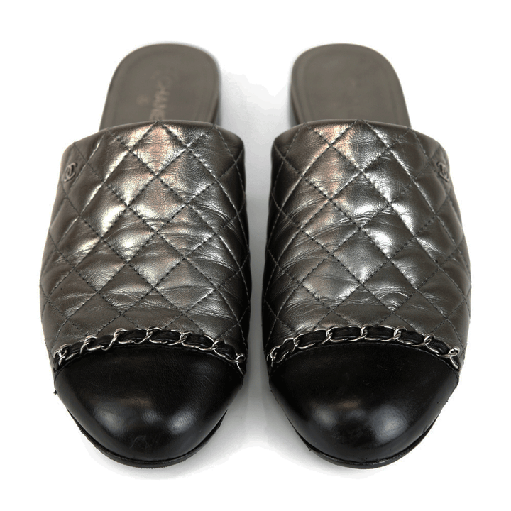 Chanel Gunmetal Quilted Leather Mules