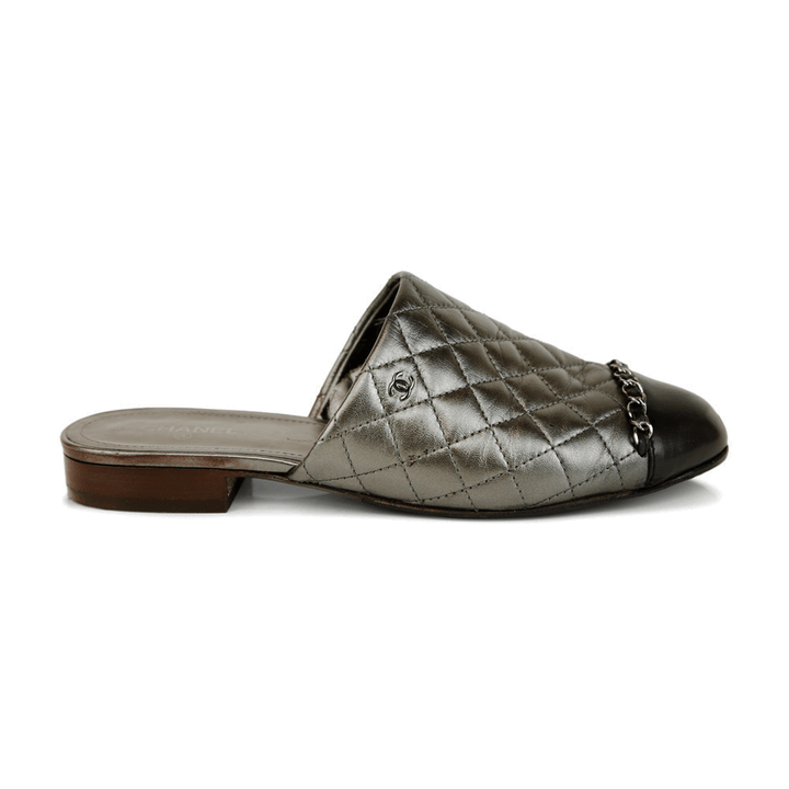 Chanel Gunmetal Quilted Leather Mules