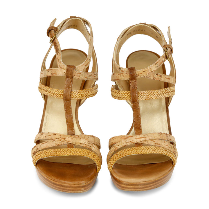Stuart Weitzman Woven Leather & Cork Strappy Sandals