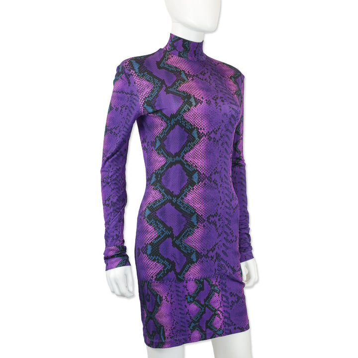 Just Cavalli Purple Snakeskin Print Jersey L/S Mock Neck Mini Dress