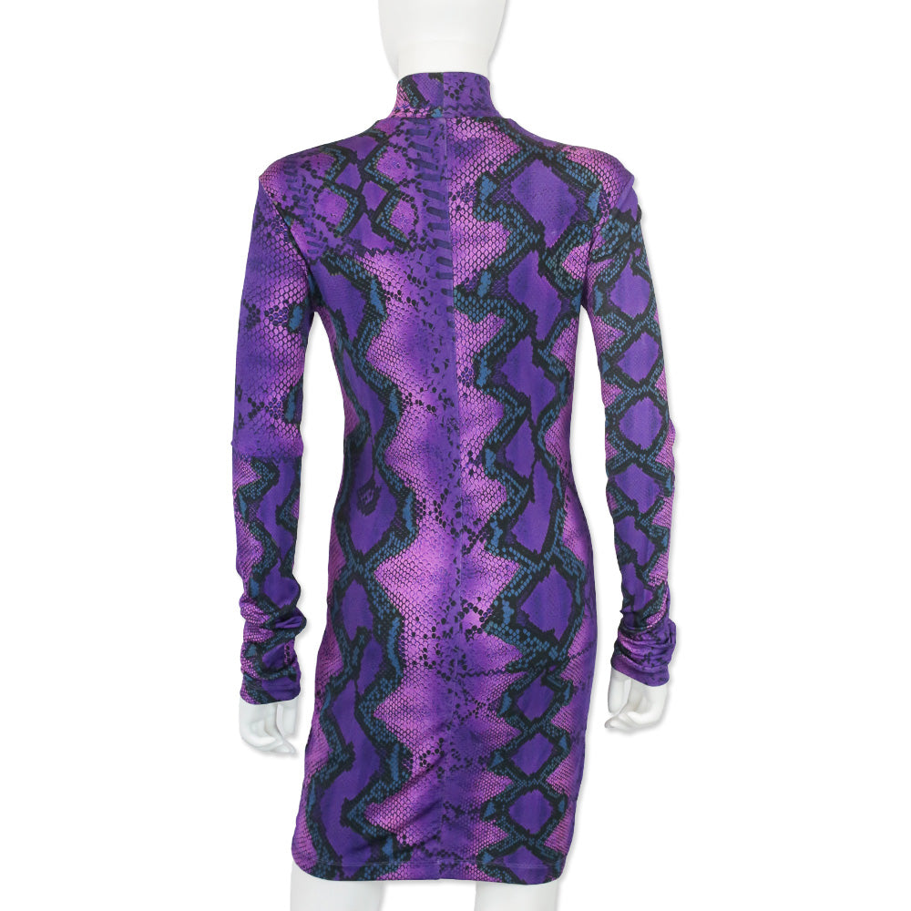 Just Cavalli Purple Snakeskin Print Jersey L/S Mock Neck Mini Dress