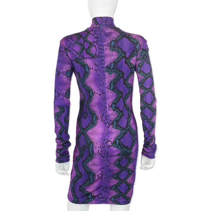Just Cavalli Purple Snakeskin Print Jersey L/S Mock Neck Mini Dress