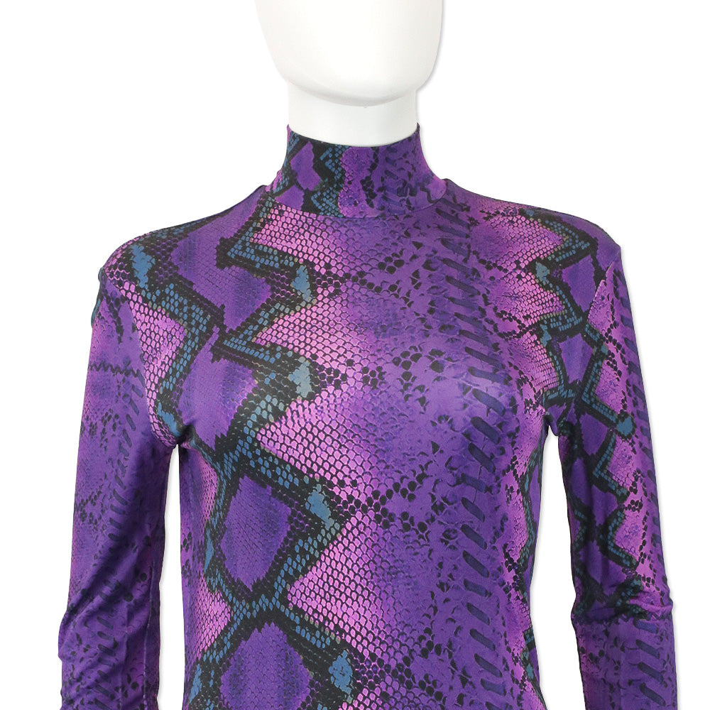 Just Cavalli Purple Snakeskin Print Jersey L/S Mock Neck Mini Dress