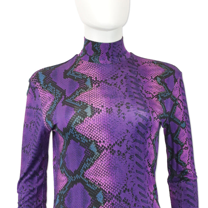 Just Cavalli Purple Snakeskin Print Jersey L/S Mock Neck Mini Dress