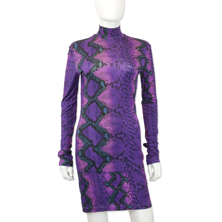 Just Cavalli Purple Snakeskin Print Jersey L/S Mock Neck Mini Dress