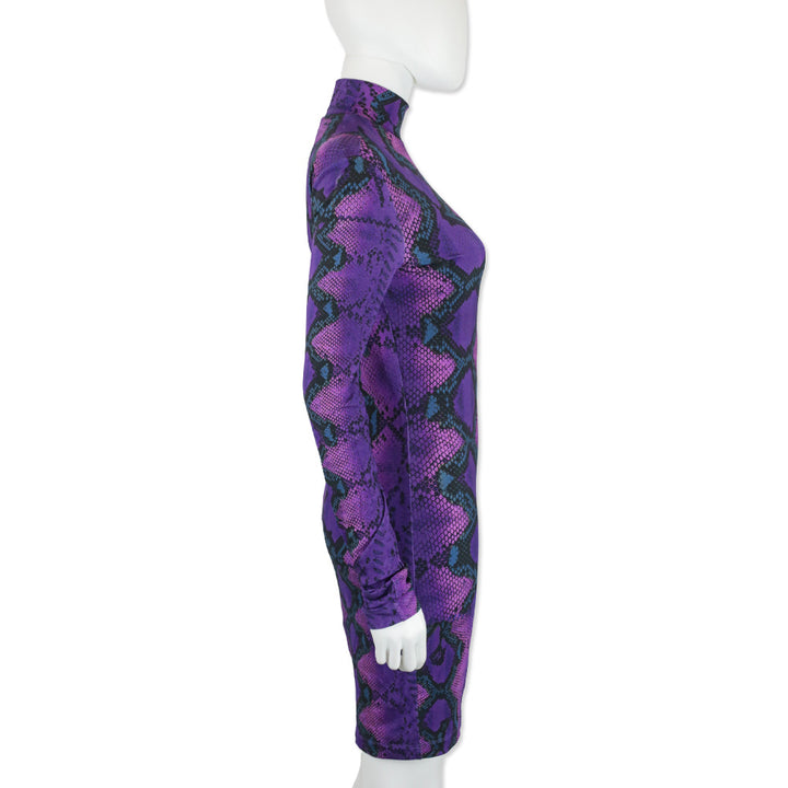 Just Cavalli Purple Snakeskin Print Jersey L/S Mock Neck Mini Dress