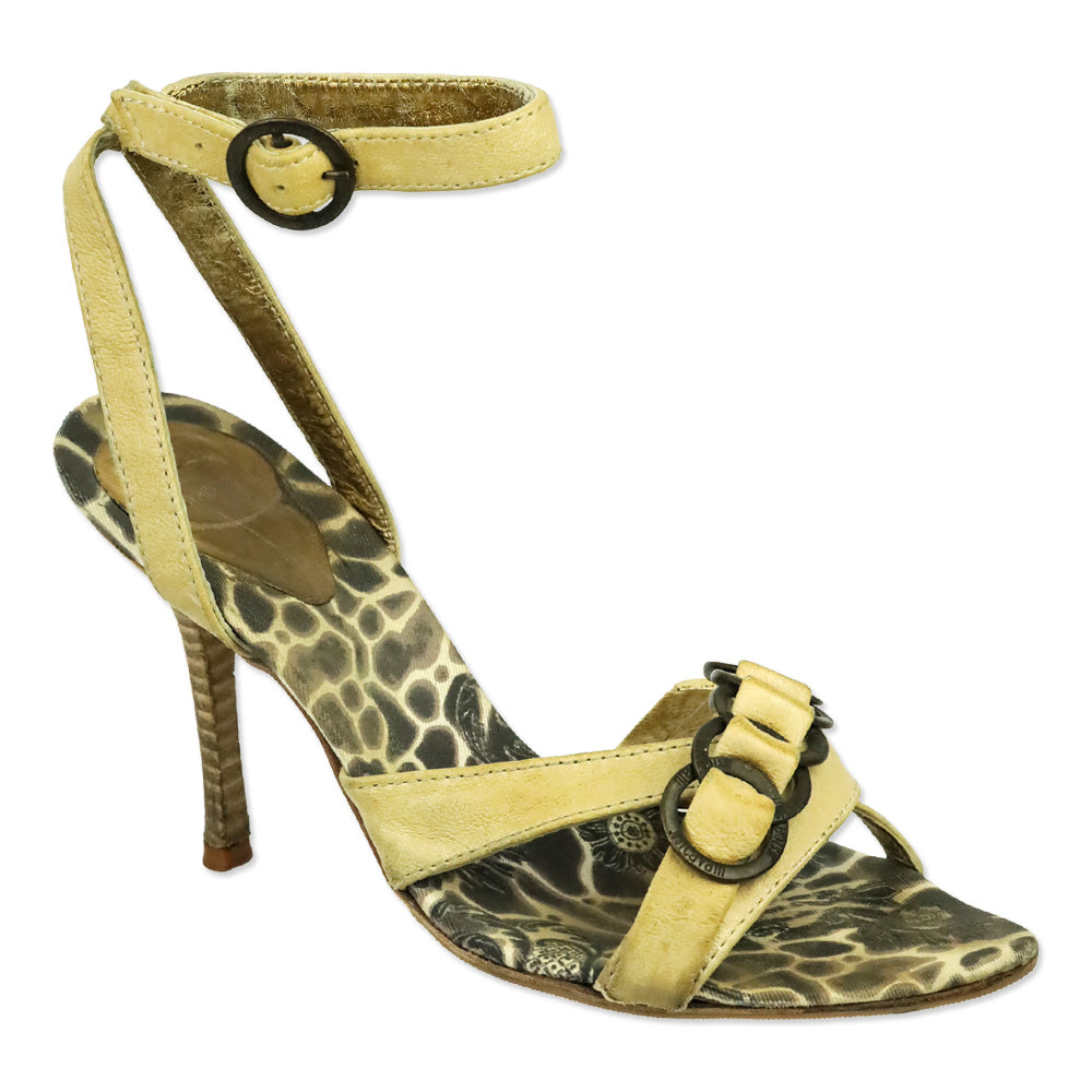 Just Cavalli Tan Leather Ankle Wrap Sandal