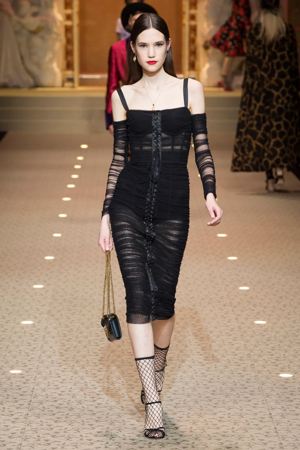 Dolce & Gabbana Fall 2018 RTW Black Ruched Tulle Lace-Up Corset Midi Dress