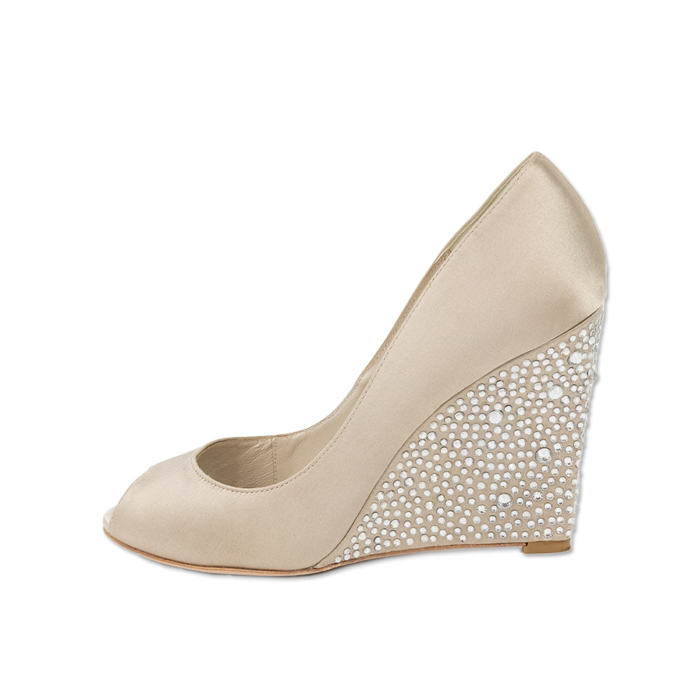 Karen Millen Cream Satin Wedges with Crystal Embellished Heels