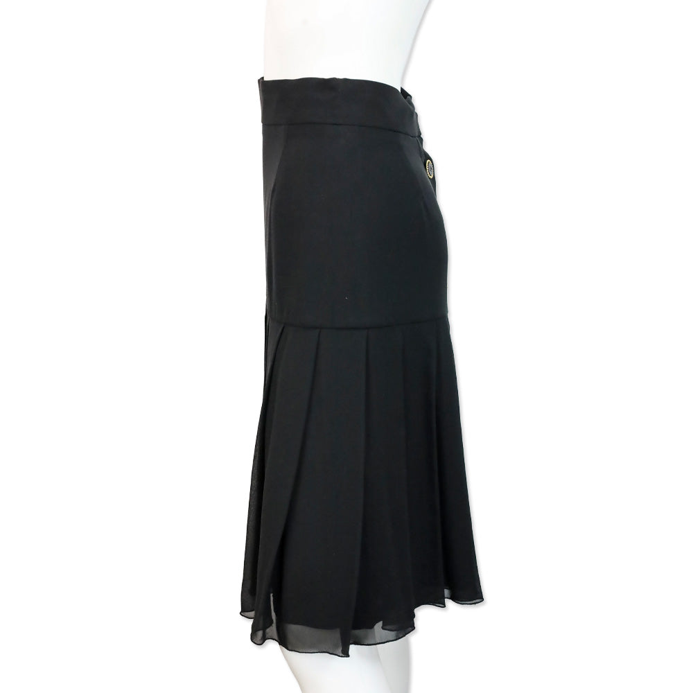 Karl Lagerfeld Black Silk Button Back Pleated Midi Skirt