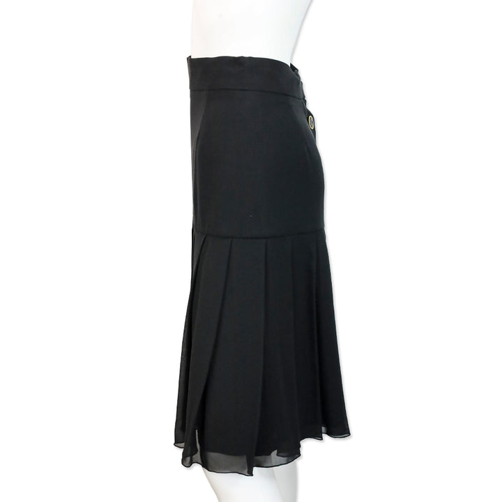 Karl Lagerfeld Black Silk Button Back Pleated Midi Skirt
