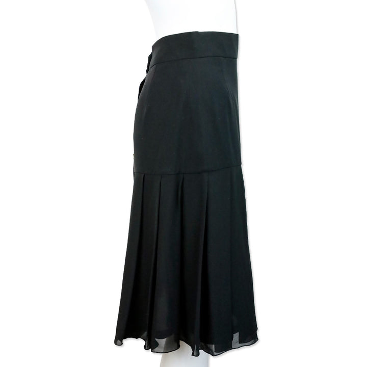 Karl Lagerfeld Black Silk Button Back Pleated Midi Skirt