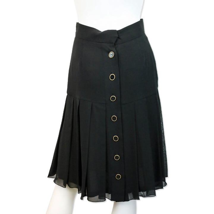 Karl Lagerfeld Black Silk Button Back Pleated Midi Skirt