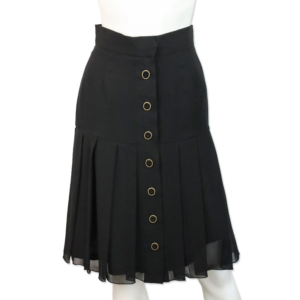 Karl Lagerfeld Black Silk Button Back Pleated Midi Skirt