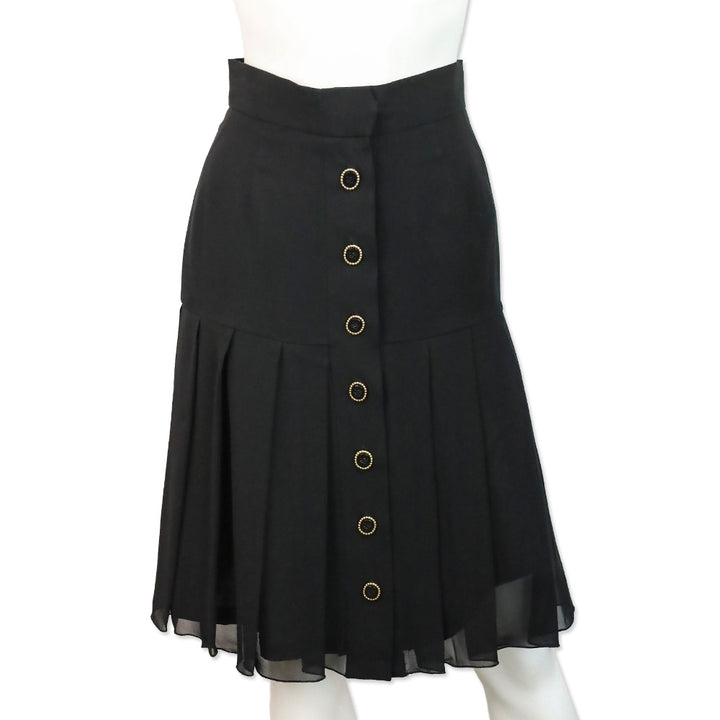 Karl Lagerfeld Black Silk Button Back Pleated Midi Skirt