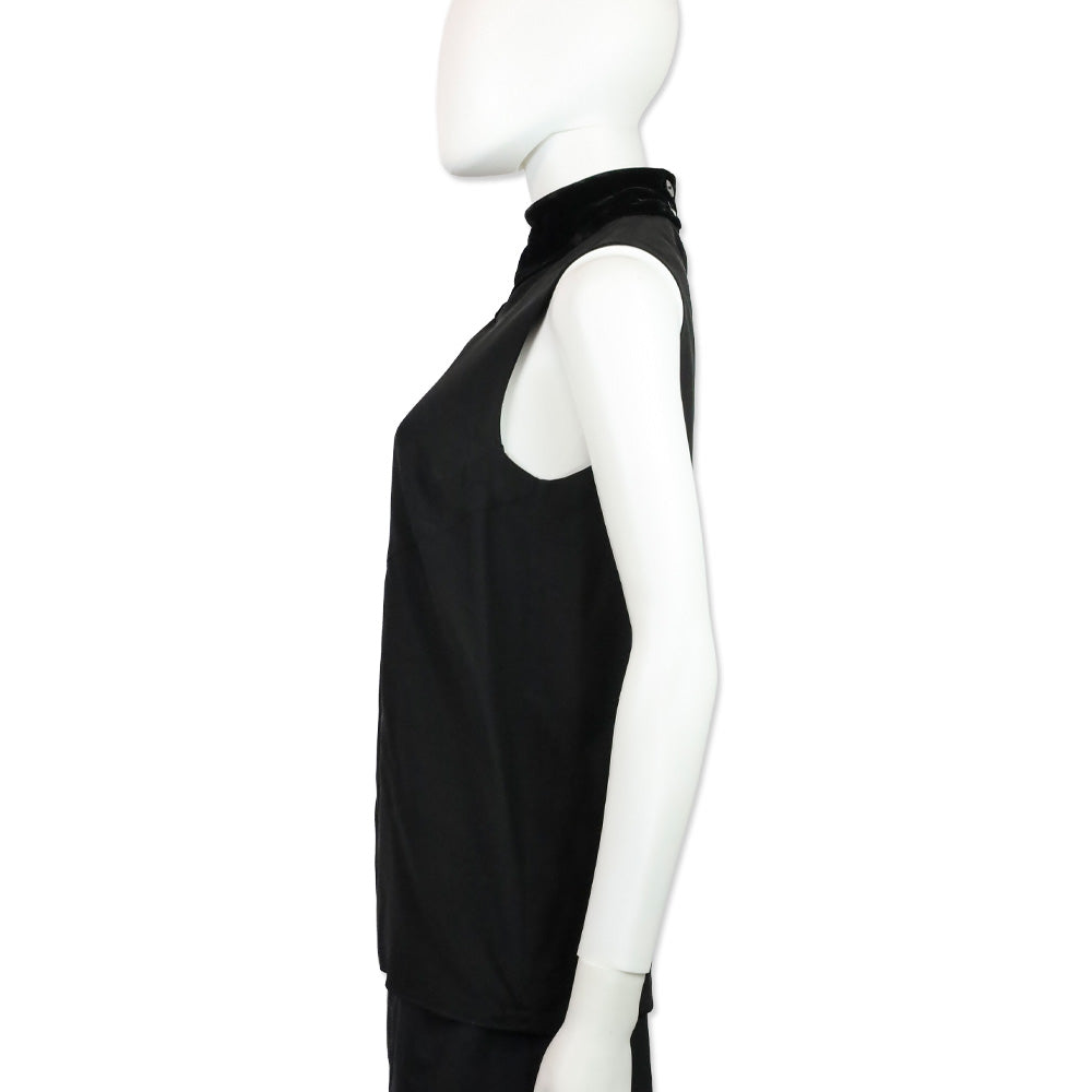 Karl Lagerfeld Black Silk Sleeveless Top With Velvet High Neck