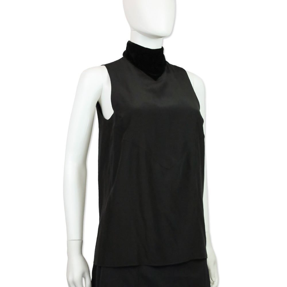 Karl Lagerfeld Black Silk Sleeveless Top With Velvet High Neck