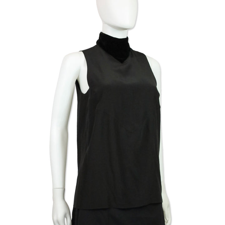 Karl Lagerfeld Black Silk Sleeveless Top With Velvet High Neck