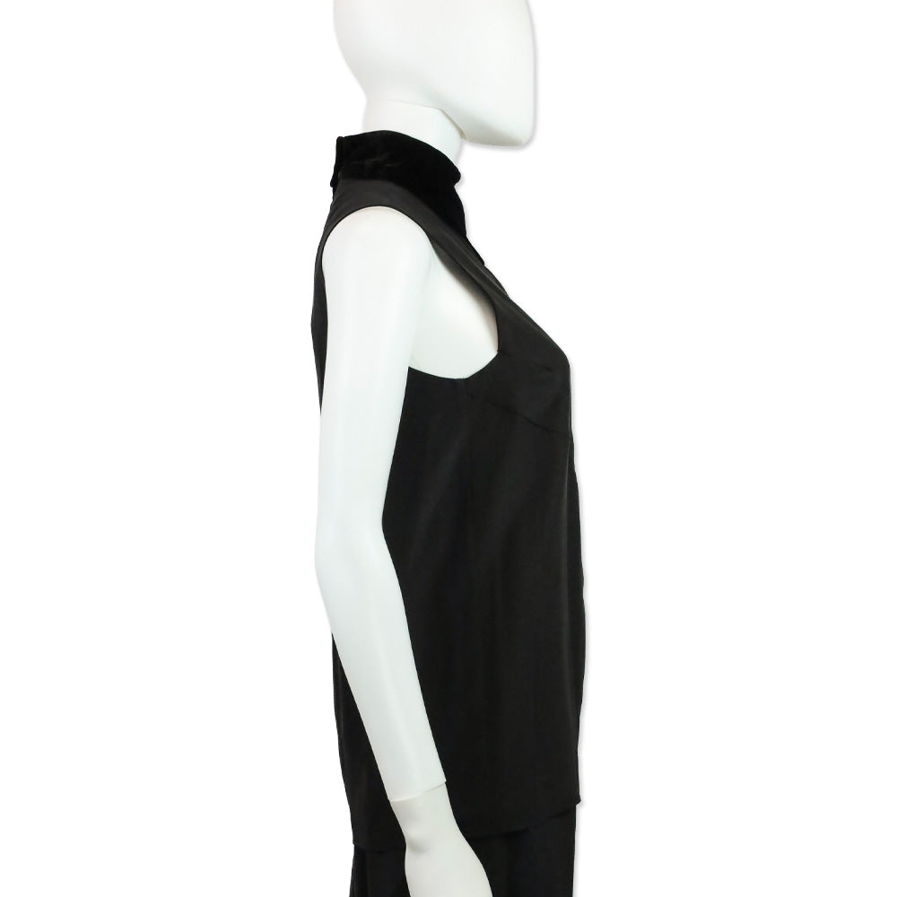 Karl Lagerfeld Black Silk Sleeveless Top With Velvet High Neck