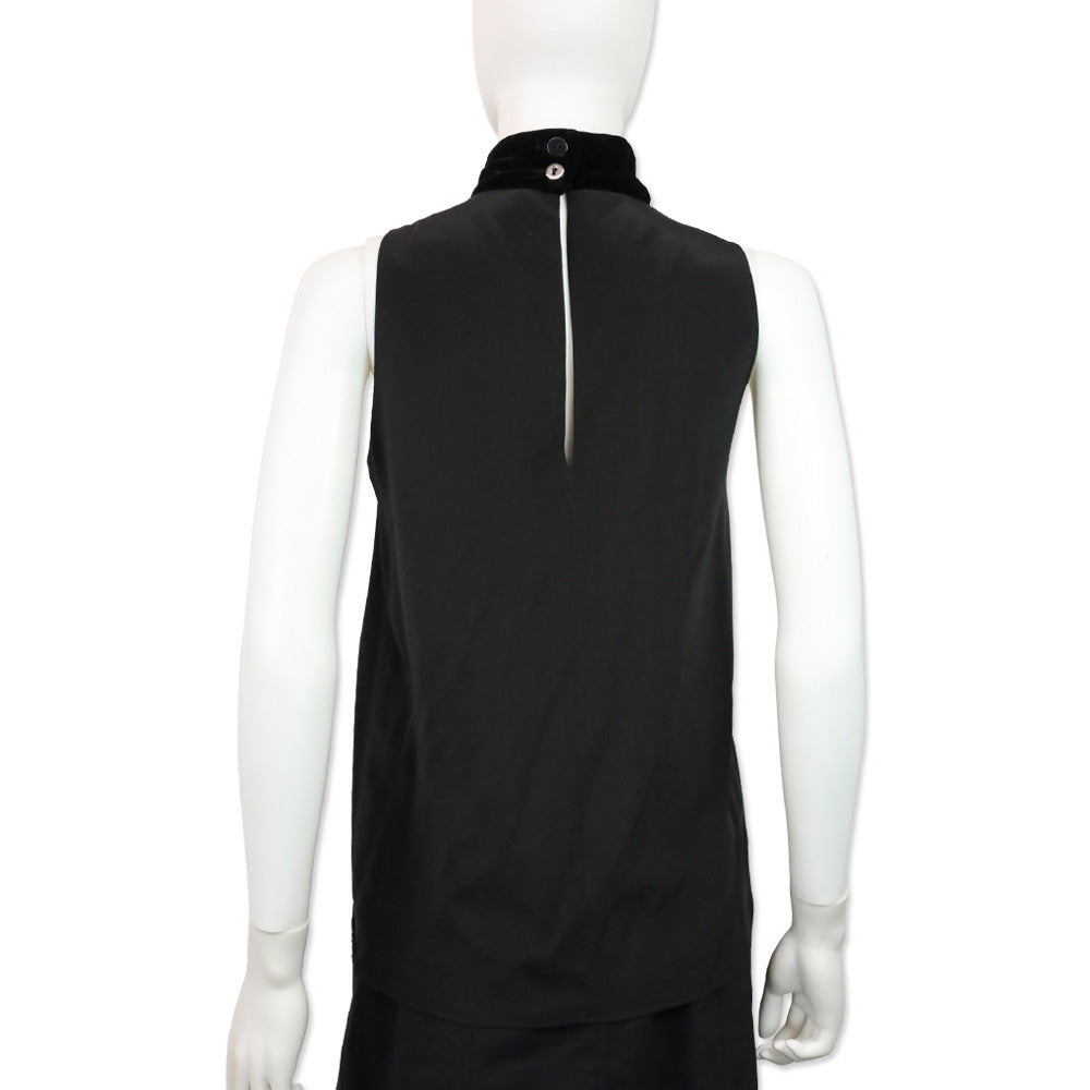 Karl Lagerfeld Black Silk Sleeveless Top With Velvet High Neck