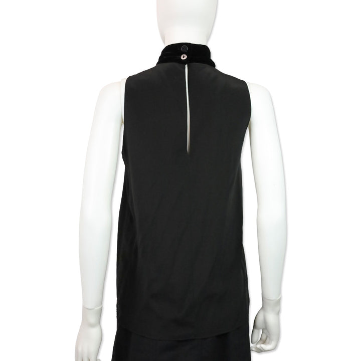 Karl Lagerfeld Black Silk Sleeveless Top With Velvet High Neck