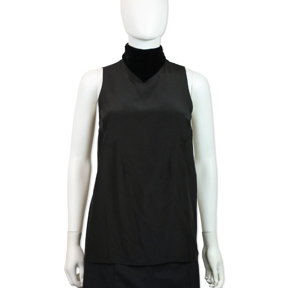 Karl Lagerfeld Black Silk Sleeveless Top With Velvet High Neck