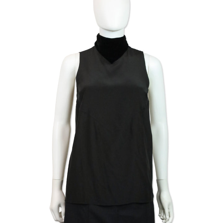 Karl Lagerfeld Black Silk Sleeveless Top With Velvet High Neck