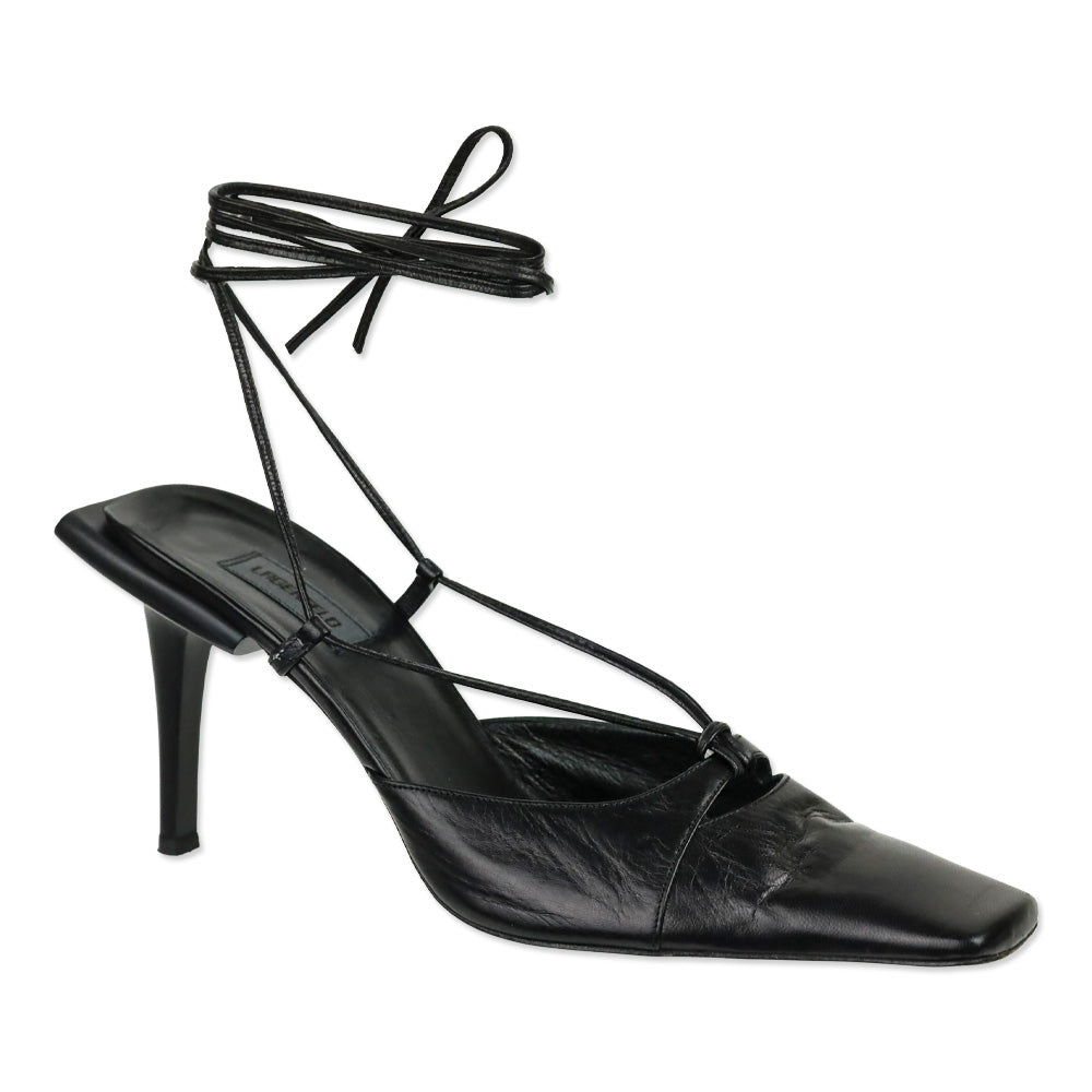 Karl Lagerfeld Vintage Black Leather Square Toe Strappy Sandal